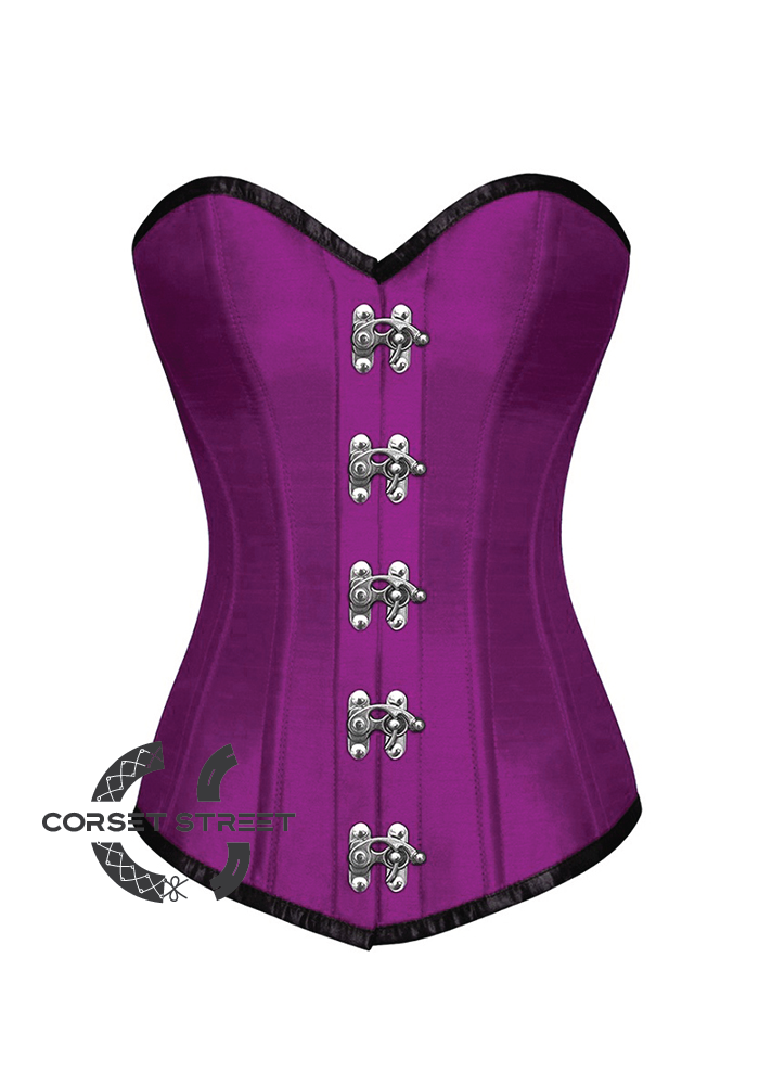 Purple Satin Seal Lock Gothic Steampunk Bustier Waist Training LONG Overbust Corset Costume