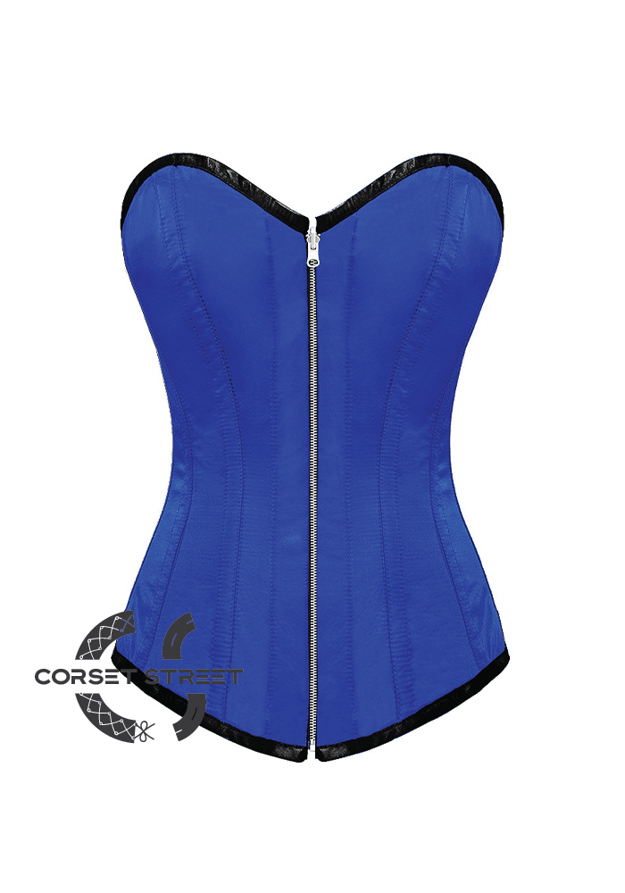 Blue Satin Gothic Burlesque Bustier Waist Training LONG Overbust Corset Costume