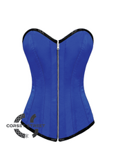 Blue Satin Gothic Burlesque Bustier Waist Training LONG Overbust Corset Costume