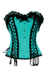 Baby Blue Satin Black Lacing Gothic Burlesque Bustier Waist Training Overbust Plus Size Corset Costume