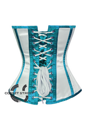 White Satin Baby Blue Stripes Gothic Burlesque Bustier Waist Training Overbust Corset Costume