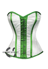 White Satin Green Stripes Gothic Burlesque Bustier Waist Training Overbust Corset Costume