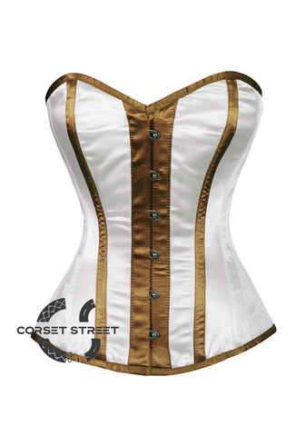 White Satin Brown Stripes Gothic Burlesque Bustier Waist Training Overbust Corset Costume