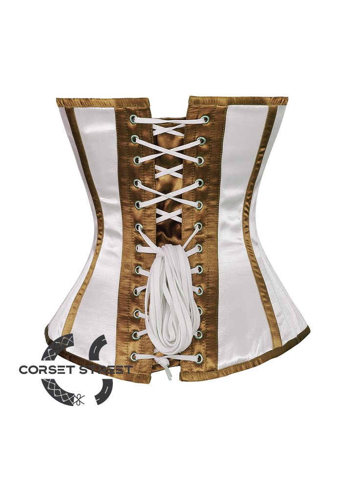 White Satin Brown Stripes Gothic Burlesque Bustier Waist Training Overbust Plus Size Corset Costume