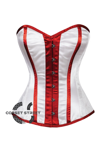 White Satin Red Stripes Gothic Burlesque Bustier Waist Training Overbust Corset Costume
