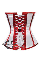White Satin Red Stripes Gothic Burlesque Bustier Waist Training Overbust Corset Costume