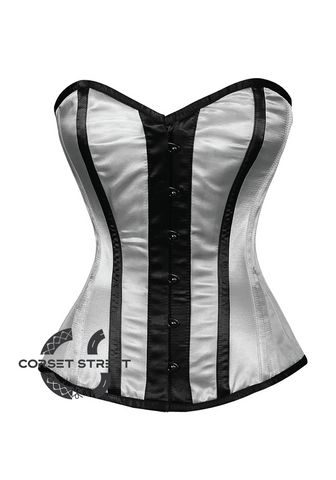 White Satin Black Stripes Gothic Burlesque Bustier Waist Training Overbust Corset Costume