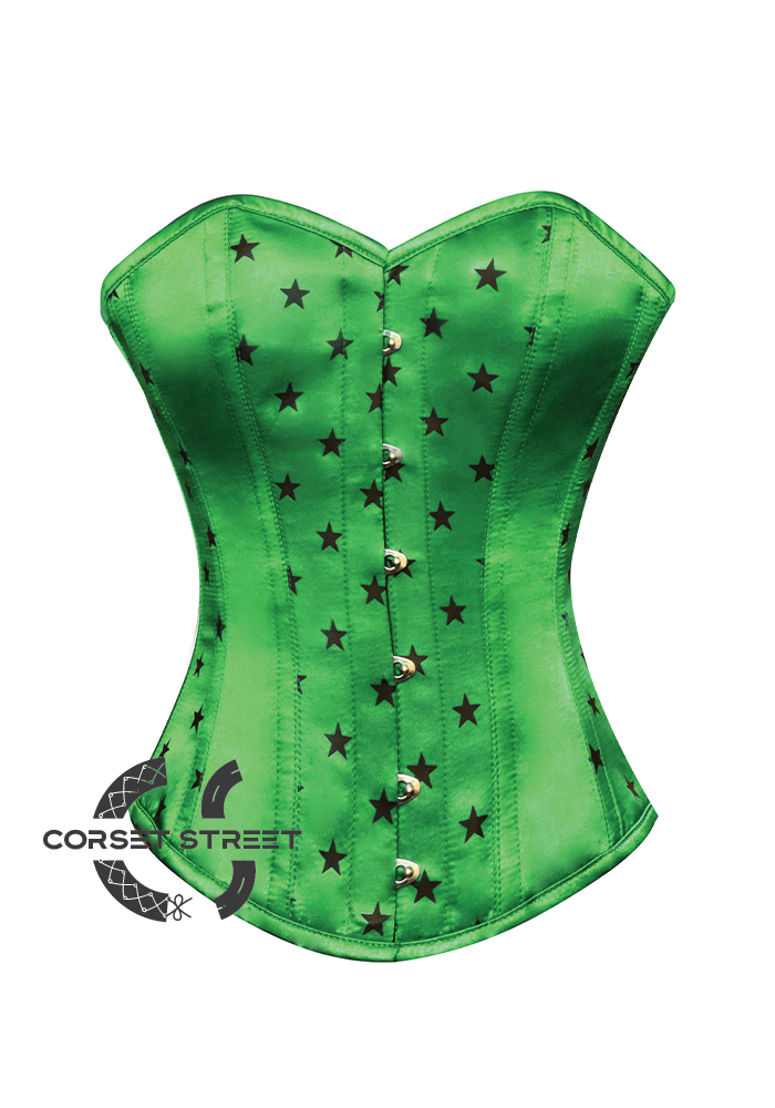 Green Satin Black Stars Print Gothic Burlesque Waist Training Bustier Overbust Plus Size Corset Costume