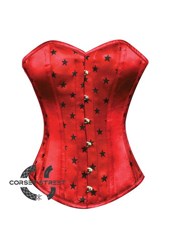 Red Satin Black Stars Print Gothic Burlesque Waist Training Bustier Overbust Corset Costume