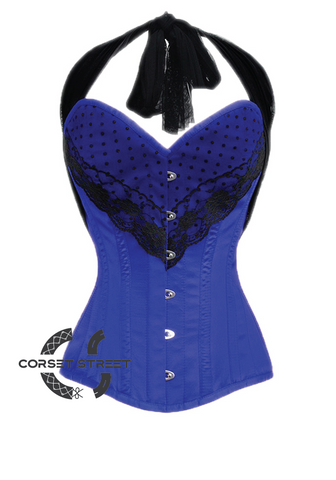 Blue Satin Black Net Halter Neck Gothic Burlesque Bustier Waist Training LONG Overbust Plus Size  Corset Costume
