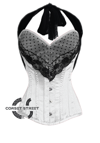 White Satin Black Net Halter Neck Gothic Burlesque Bustier Waist Training LONG Overbust Corset Costume