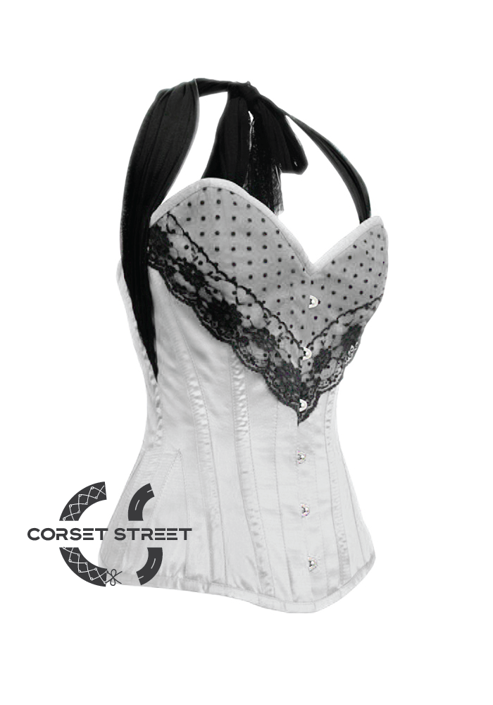 White Satin Black Net Halter Neck Gothic Burlesque Bustier Waist Training LONG Overbust Corset Costume
