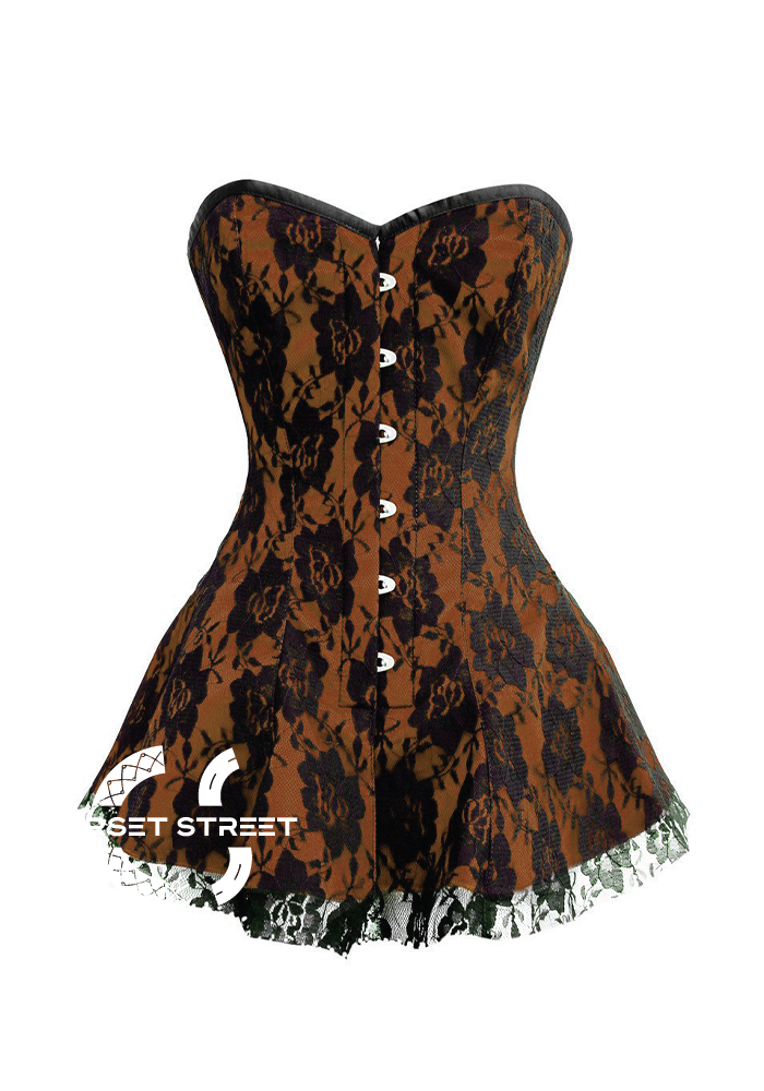 Brown Satin Black Net Gothic Burlesque Bustier Waist Training Costume Overbust Corset Dress