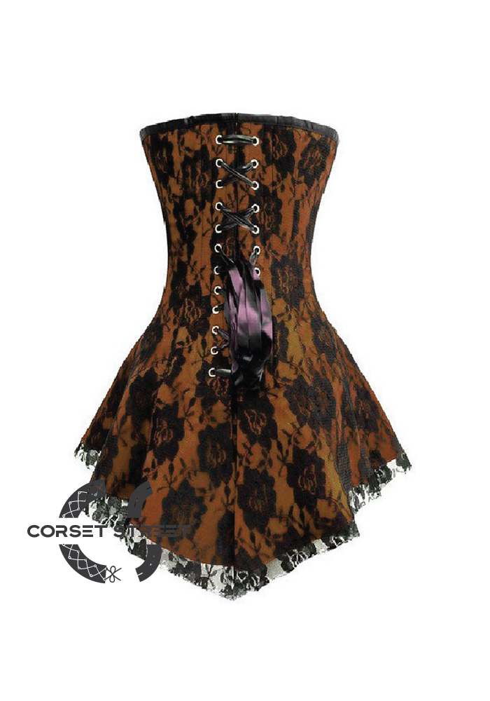 Brown Satin Black Net Gothic Burlesque Bustier Waist Training Costume Overbust Corset Dress