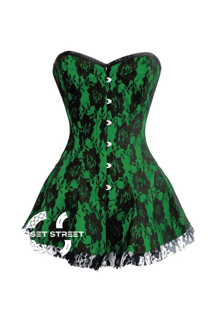 Green Satin Black Net Gothic Burlesque Bustier Waist Training Costume Overbust Corset Dress