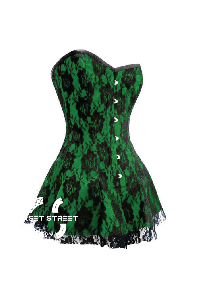 Green Satin Black Net Gothic Burlesque Bustier Waist Training Costume Overbust Corset Dress