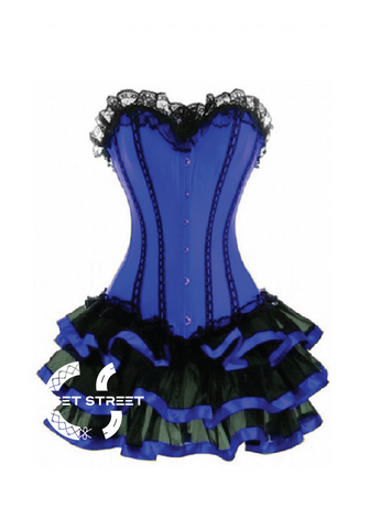 Blue Satin Black Frill Tutu Skirt Gothic Burlesque Bustier Waist Training Costume Overbust Corset Dress