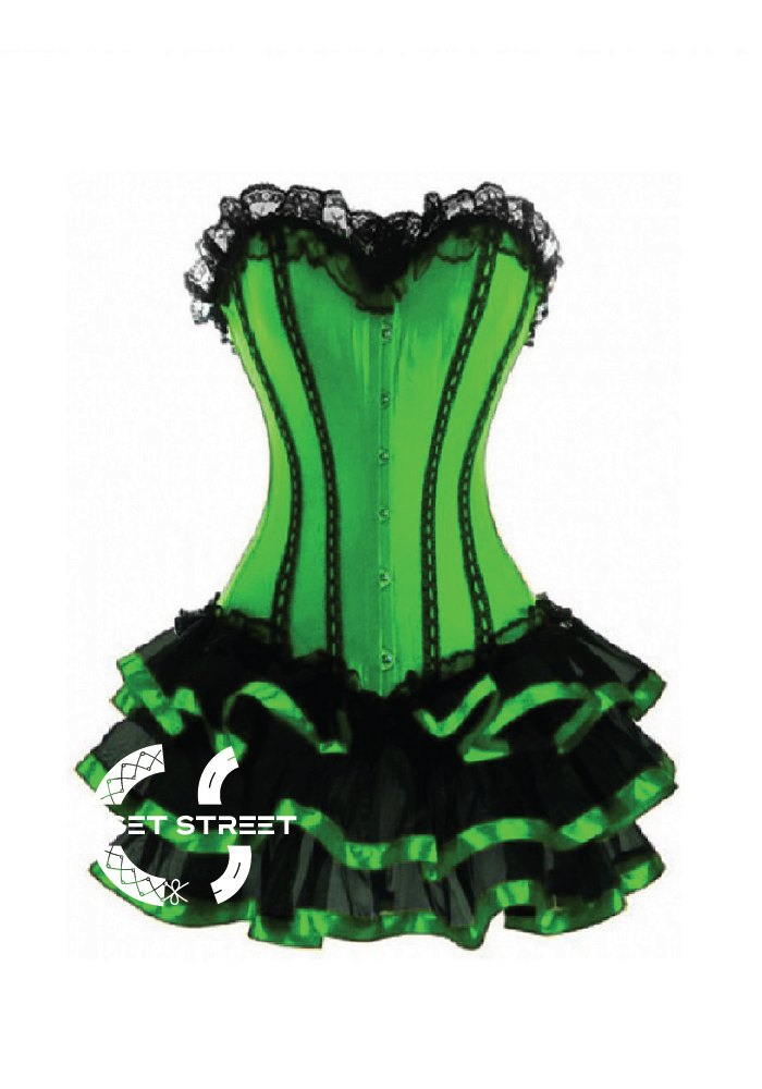 Green Satin Black Frill Tutu Skirt Gothic Burlesque Bustier Waist Training Costume Overbust Plus Size Corset Dress