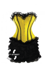 Yellow Satin Black Frill Tutu Skirt Gothic Burlesque Bustier Waist Training Costume Overbust Corset Dress