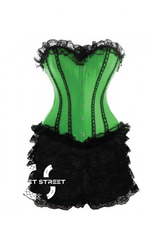Green Satin Black Frill Tutu Skirt Gothic Burlesque Bustier Waist Training Costume Overbust Corset Dress