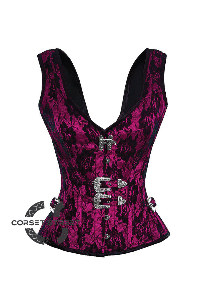 Purple Satin Net Covered Shoulder Strap Gothic Burlesque Bustier Waist Training Overbust Plus Size Corset Costume