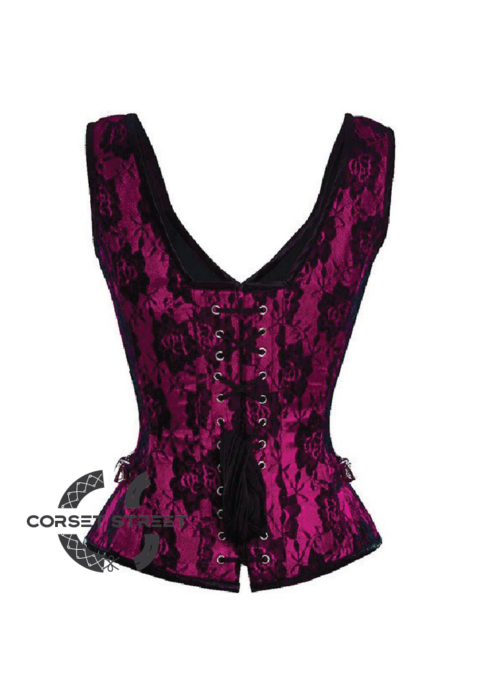 Purple Satin Net Covered Shoulder Strap Gothic Burlesque Bustier Waist Training Overbust Plus Size Corset Costume