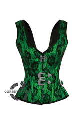 Green Satin Net Covered Shoulder Strap Gothic Burlesque Bustier Waist Training Overbust Corset Costume