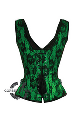 Green Satin Net Covered Shoulder Strap Gothic Burlesque Bustier Waist Training Overbust Corset Costume