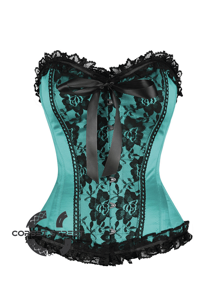 Baby Blue Satin Black Frill N Net Gothic Burlesque Bustier Waist Training Overbust Corset Costume