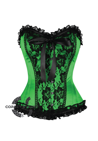 Green Satin Black Frill N Net Gothic Burlesque Bustier Waist Training Overbust Corset Costume