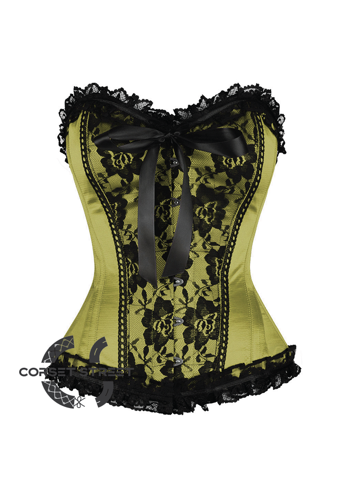 Olive Green Satin Black Frill N Net Gothic Burlesque Bustier Waist Training Overbust Corset Costume