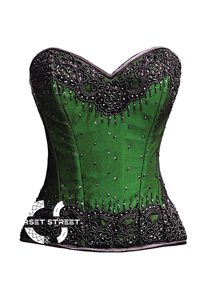 Green Satin Black Handmade Sequins Gothic Burlesque Bustier Waist Training Overbust Plus Size Corset Costume