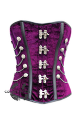 Purple Velvet Black Faux Leather Strips Gothic Steampunk Waist Training Bustier Overbust Corset Costume