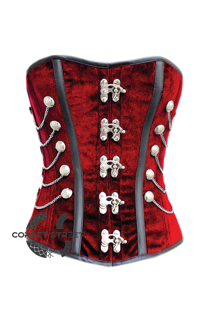 Red Velvet Black Faux Leather Strips Gothic Steampunk Waist Training Bustier Overbust Corset Costume