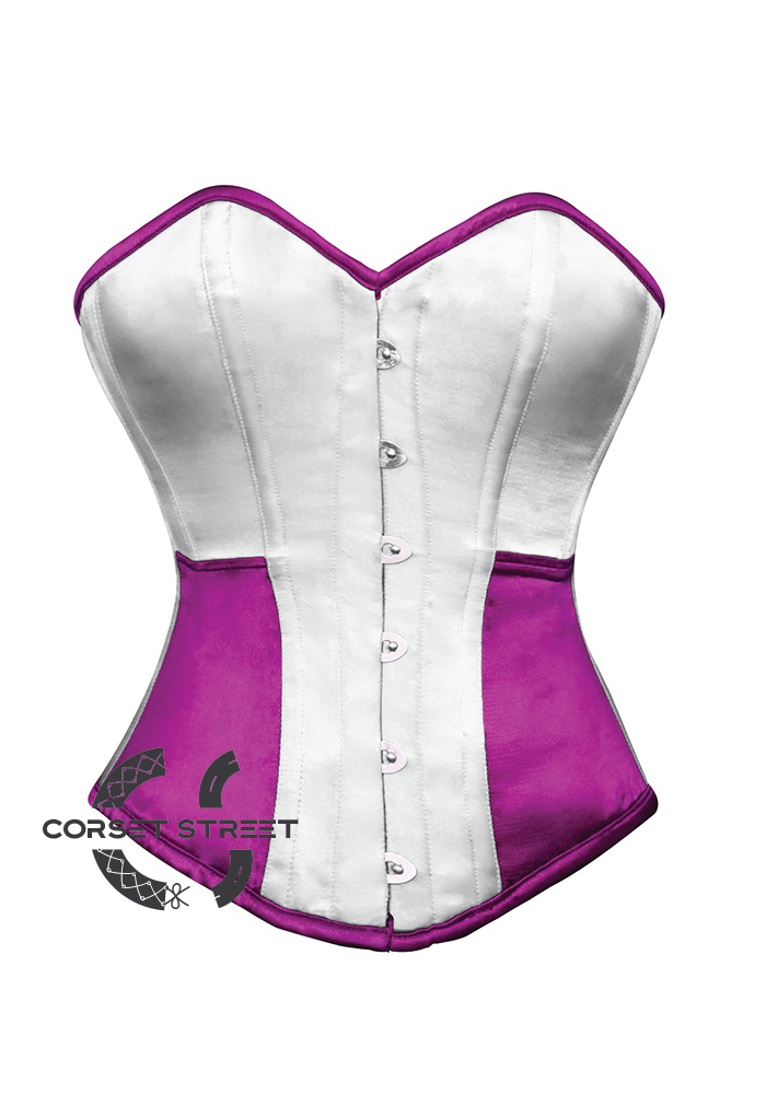 White & Purple Satin Gothic Burlesque Waist Training Bustier Overbust Plus Size Corset Costume