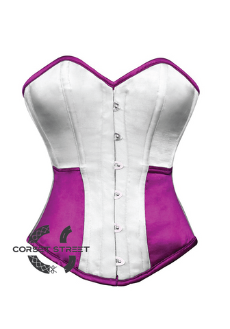 White & Purple Satin Gothic Burlesque Waist Training Bustier Overbust Corset Costume