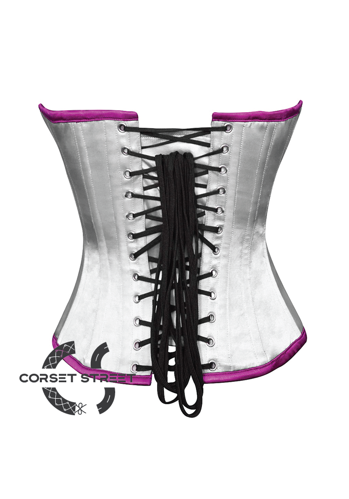 White & Purple Satin Gothic Burlesque Waist Training Bustier Overbust Corset Costume