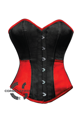 Black & Red Satin Gothic Burlesque Waist Training Bustier Overbust Corset Costume