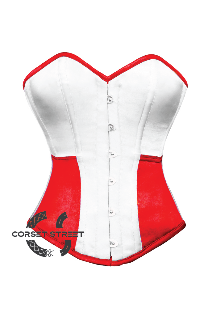White & Red Satin Gothic Burlesque Waist Training Bustier Overbust Corset Costume