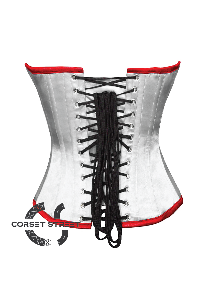White & Red Satin Gothic Burlesque Waist Training Bustier Overbust Corset Costume