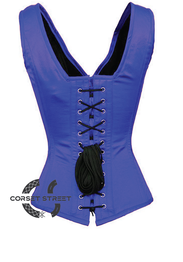 Blue Satin Shoulder Straps Gothic Burlesque Bustier Waist Training Overbust Corset Costume