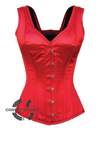 Red Satin Shoulder Straps Gothic Burlesque Bustier Waist Training Overbust Plus Size Corset Costume