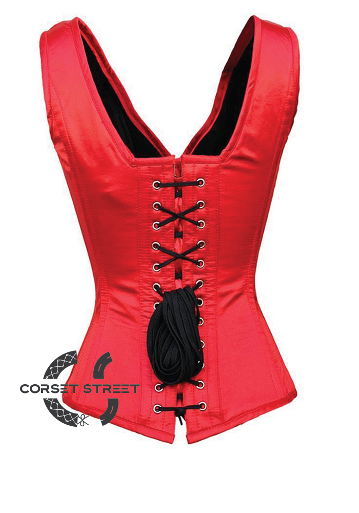 Red Satin Shoulder Straps Gothic Burlesque Bustier Waist Training Overbust Corset Costume