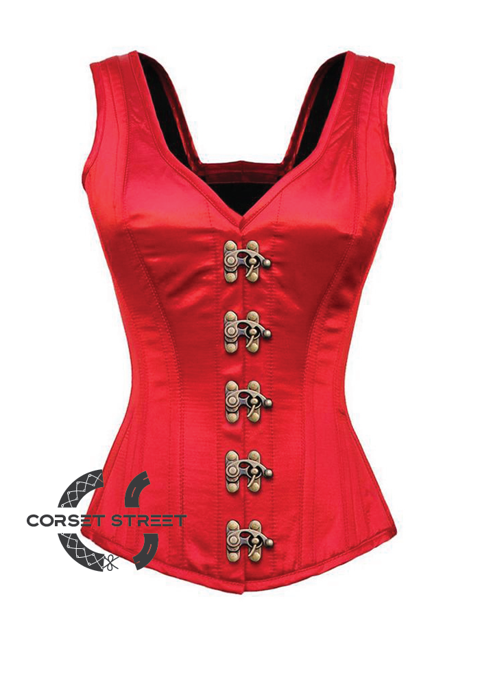 Red Satin Shoulder Straps Seal Lock Opening Gothic Burlesque Bustier Waist Training Overbust Plus Size Corset Costume