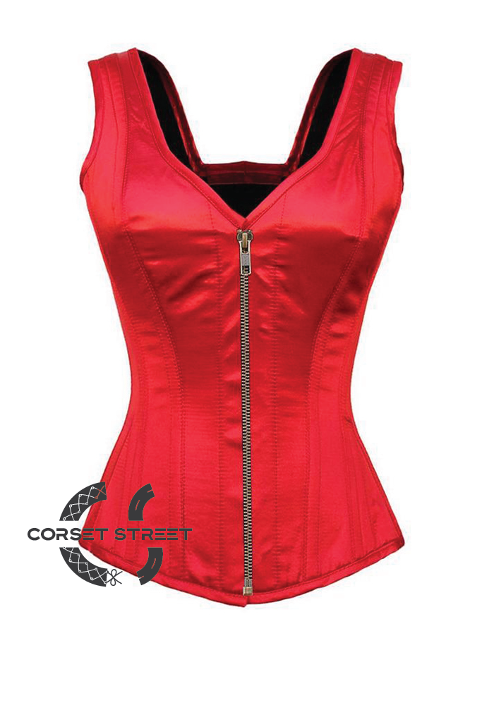 Red Satin Shoulder Straps Zipper Opening Gothic Burlesque Bustier Waist Training Overbust Corset Costume