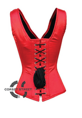 Red Satin Shoulder Straps Zipper Opening Gothic Burlesque Bustier Waist Training Overbust Corset Costume