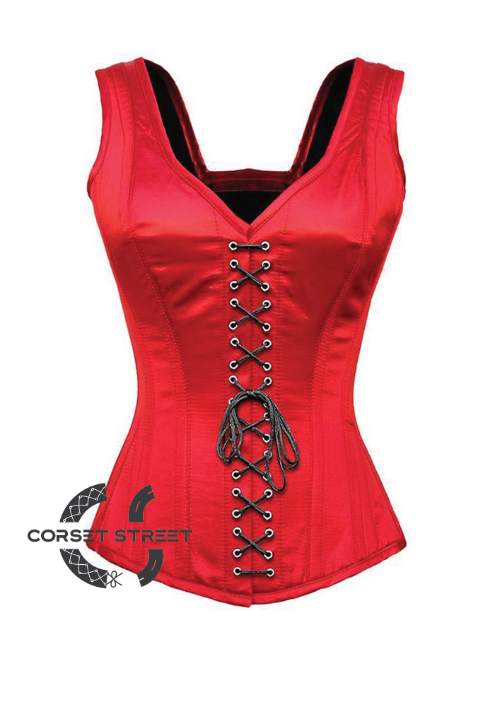 Red Satin Shoulder Straps Black Lace Opening Gothic Burlesque Bustier Waist Training Overbust Corset Costume