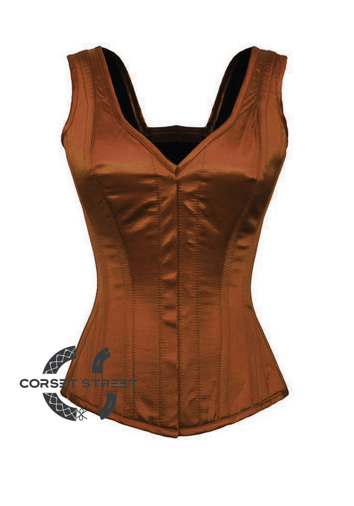 Brown Satin Shoulder Straps with Closed Front Gothic Burlesque Bustier Waist Training Overbust Corset Costume