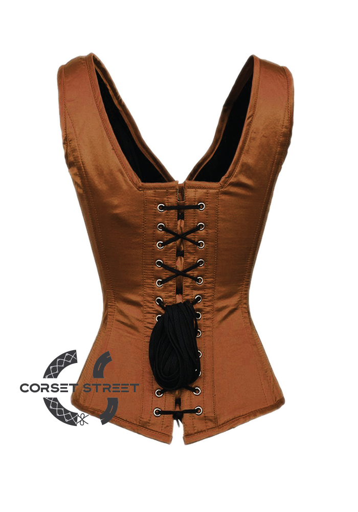 Brown Satin Shoulder Straps with Closed Front Gothic Burlesque Bustier Waist Training Overbust Corset Costume