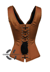 Brown Satin Shoulder Straps Silver Zip Opening Gothic Burlesque Bustier Waist Training Overbust Plus Size Corset Costume